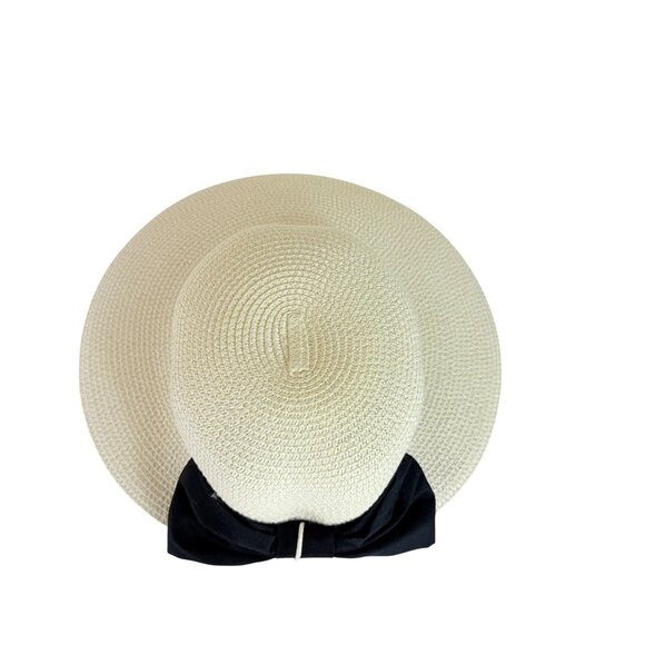 Royal Beige Straw Sun Hat Ponytail Notch Black Bow Beach Cruise Life Fashion - Picture 6 of 11